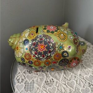 Gorgeous RARE Vintage Flower Piggy Coin Bank Mexican Pottery,
